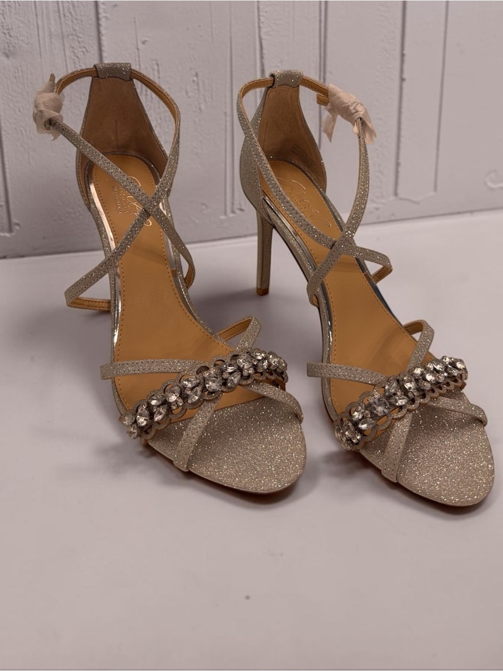 Jewel Badgley Mischka Glitter Crystal-Embellished Strappy Heels - Champagne